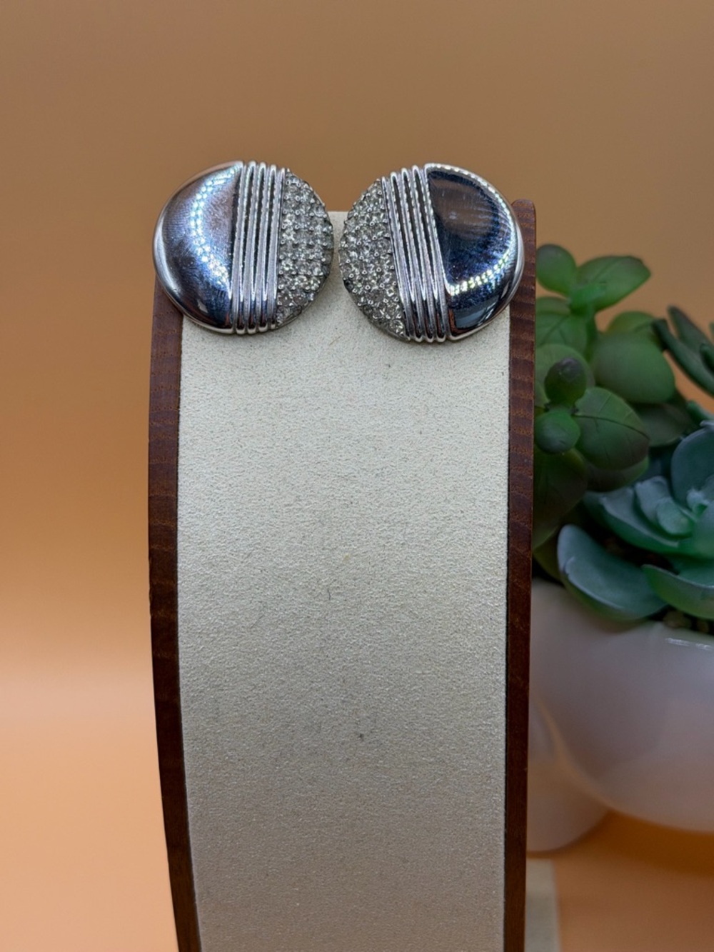 Givenchy paris Silver-Tone Crystal Half-Textured Round clip on Earrings